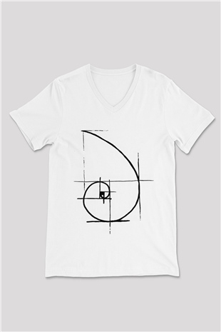 Altın Oran Fibonacci Spirali Baskılı Unisex Beyaz V Yaka Tişört