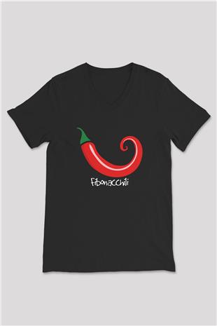Altın Oran Kırmızı Bbiber Baskılı Unisex V Yaka Siyah Tİşört - Tshirt