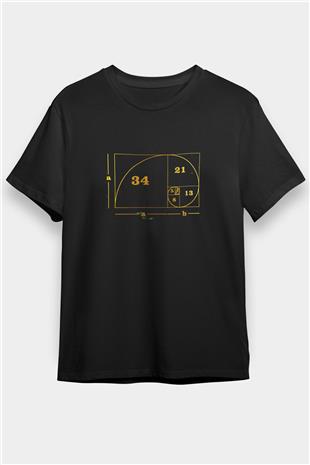Altın Oran Renkli Baskılı Unisex Siyah Tişört - Tshirt
