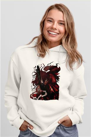 Alucard Baskılı Beyaz Unisex Hoodie