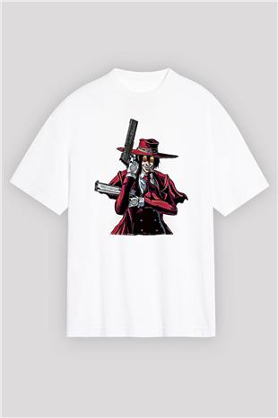 Alucard Baskılı Beyaz Unisex Oversize Tişört - Tshirt