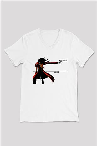 Alucard Baskılı Beyaz Unisex V Yaka Tişört - Tshirt