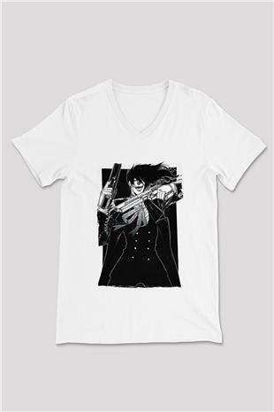 Alucard Baskılı Beyaz Unisex V Yaka Tişört - Tshirt