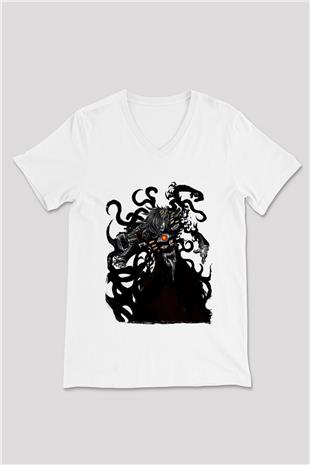 Alucard Baskılı Beyaz Unisex V Yaka Tişört - Tshirt
