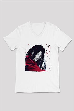 Alucard Baskılı Beyaz Unisex V Yaka Tişört - Tshirt
