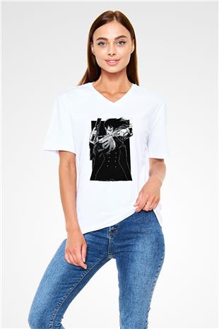 Alucard Baskılı Beyaz Unisex V Yaka Tişört - Tshirt