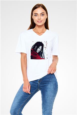 Alucard Baskılı Beyaz Unisex V Yaka Tişört - Tshirt