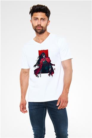 Alucard Baskılı Beyaz Unisex V Yaka Tişört - Tshirt