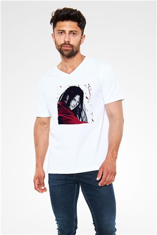 Alucard Baskılı Beyaz Unisex V Yaka Tişört - Tshirt