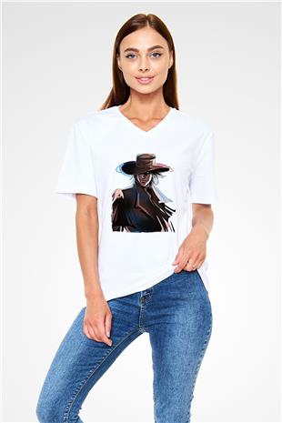Alucard Baskılı Beyaz Unisex V Yaka Tişört - Tshirt