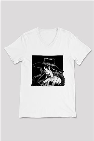 Alucard Baskılı Beyaz Unisex V Yaka Tişört - Tshirt
