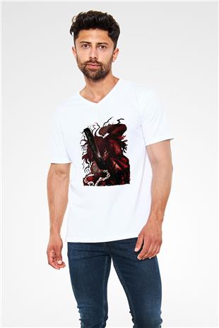Alucard Baskılı Beyaz Unisex V Yaka Tişört - Tshirt