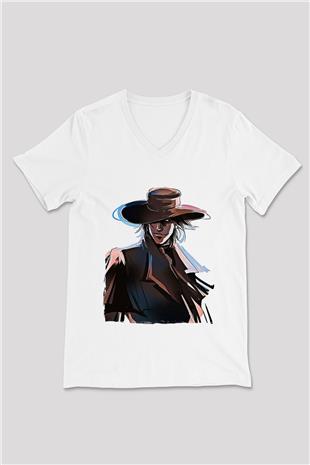 Alucard Baskılı Beyaz Unisex V Yaka Tişört - Tshirt