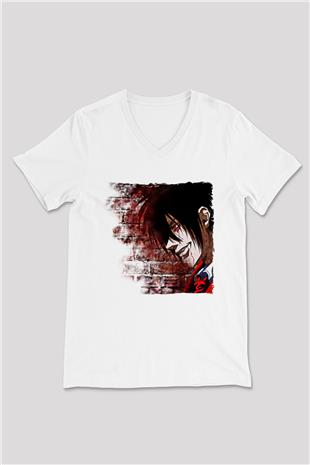 Alucard Baskılı Beyaz Unisex V Yaka Tişört - Tshirt
