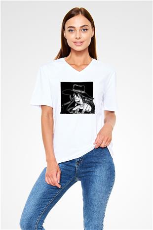 Alucard Baskılı Beyaz Unisex V Yaka Tişört - Tshirt