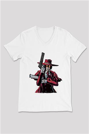 Alucard Baskılı Beyaz Unisex V Yaka Tişört - Tshirt