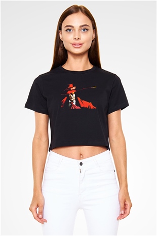 Alucard Baskılı Siyah Crop Top Kadın Tişört - Tshirt