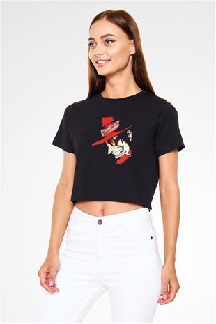 Alucard Baskılı Siyah Crop Top Kadın Tişört - Tshirt