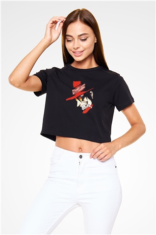 Alucard Baskılı Siyah Crop Top Kadın Tişört - Tshirt