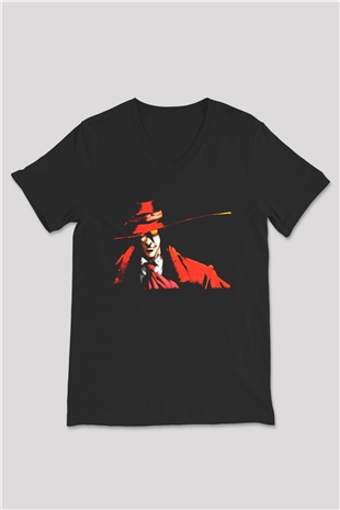Alucard Baskılı Unisex Siyah V Yaka Tişört - Tshirt