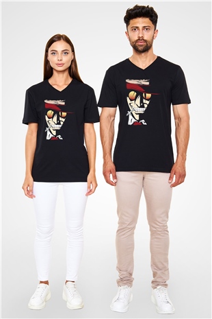 Alucard Baskılı Unisex Siyah V Yaka Tişört - Tshirt