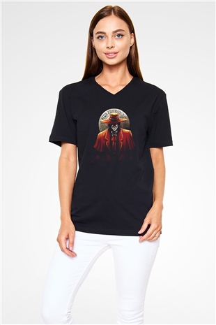 Alucard Baskılı Unisex Siyah V Yaka Tişört - Tshirt