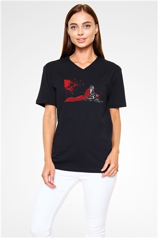 Alucard Baskılı Unisex Siyah V Yaka Tişört - Tshirt