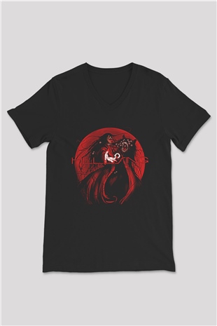 Alucard Baskılı Unisex Siyah V Yaka Tişört - Tshirt