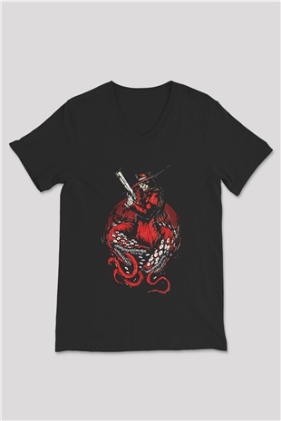 Alucard Baskılı Unisex Siyah V Yaka Tişört - Tshirt