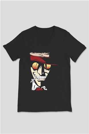 Alucard Baskılı Unisex Siyah V Yaka Tişört - Tshirt
