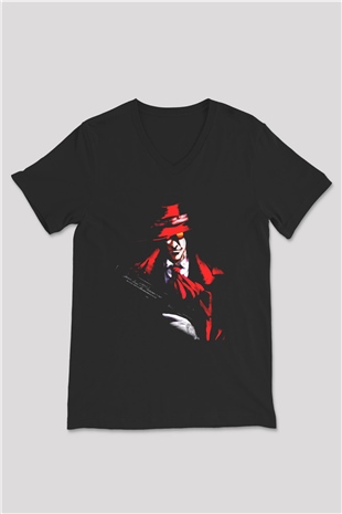 Alucard Baskılı Unisex Siyah V Yaka Tişört - Tshirt