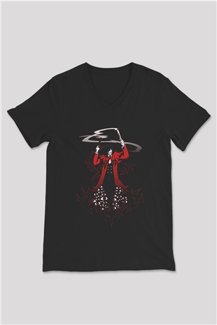 Alucard Baskılı Unisex Siyah V Yaka Tişört - Tshirt