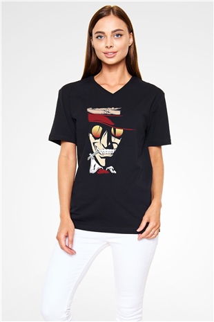 Alucard Baskılı Unisex Siyah V Yaka Tişört - Tshirt