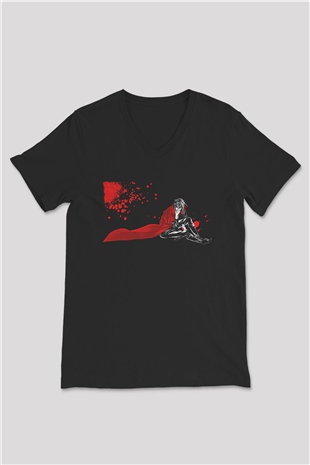 Alucard Baskılı Unisex Siyah V Yaka Tişört - Tshirt