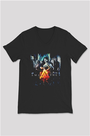 Amaranthe Baskılı Unisex Siyah V Yaka Tişört - Tshirt