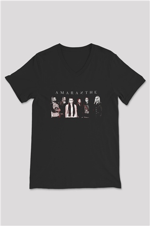 Amaranthe Baskılı Unisex Siyah V Yaka Tişört - Tshirt