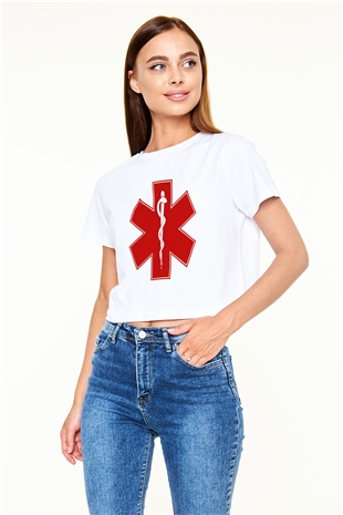 Ambulans şoförü Beyaz Croptop Tişört