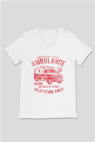 Ambulans şoförü Beyaz Unisex V Yaka Tişört