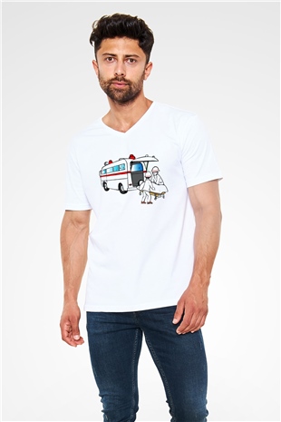 Ambulans şoförü Beyaz Unisex V Yaka Tişört T-Shirt