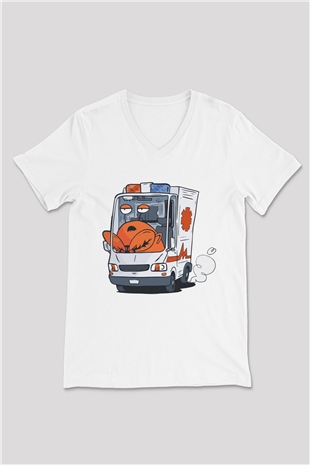 Ambulans şoförü Beyaz Unisex V Yaka Tişört