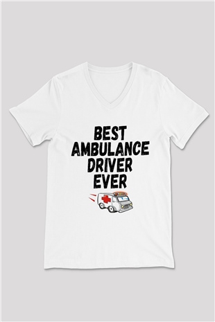 Ambulans şoförü Beyaz Unisex V Yaka Tişört
