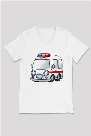 Ambulans şoförü Beyaz Unisex V Yaka Tişört T-Shirt
