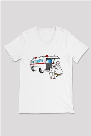 Ambulans şoförü Beyaz Unisex V Yaka Tişört T-Shirt