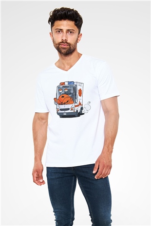 Ambulans şoförü Beyaz Unisex V Yaka Tişört