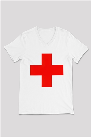 Ambulans şoförü Beyaz Unisex V Yaka Tişört T-Shirt