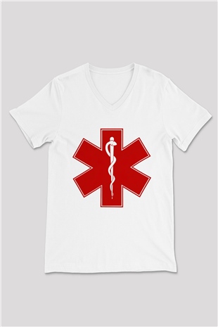 Ambulans şoförü Beyaz Unisex V Yaka Tişört T-Shirt