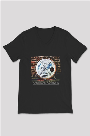 American Authors Baskılı Unisex Siyah V Yaka Tişört