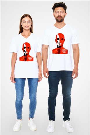 American Horror Story Beyaz Unisex V Yaka Tişört