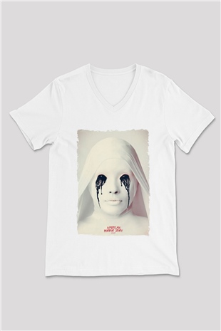 American Horror Story Beyaz Unisex V Yaka Tişört