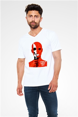 American Horror Story Beyaz Unisex V Yaka Tişört